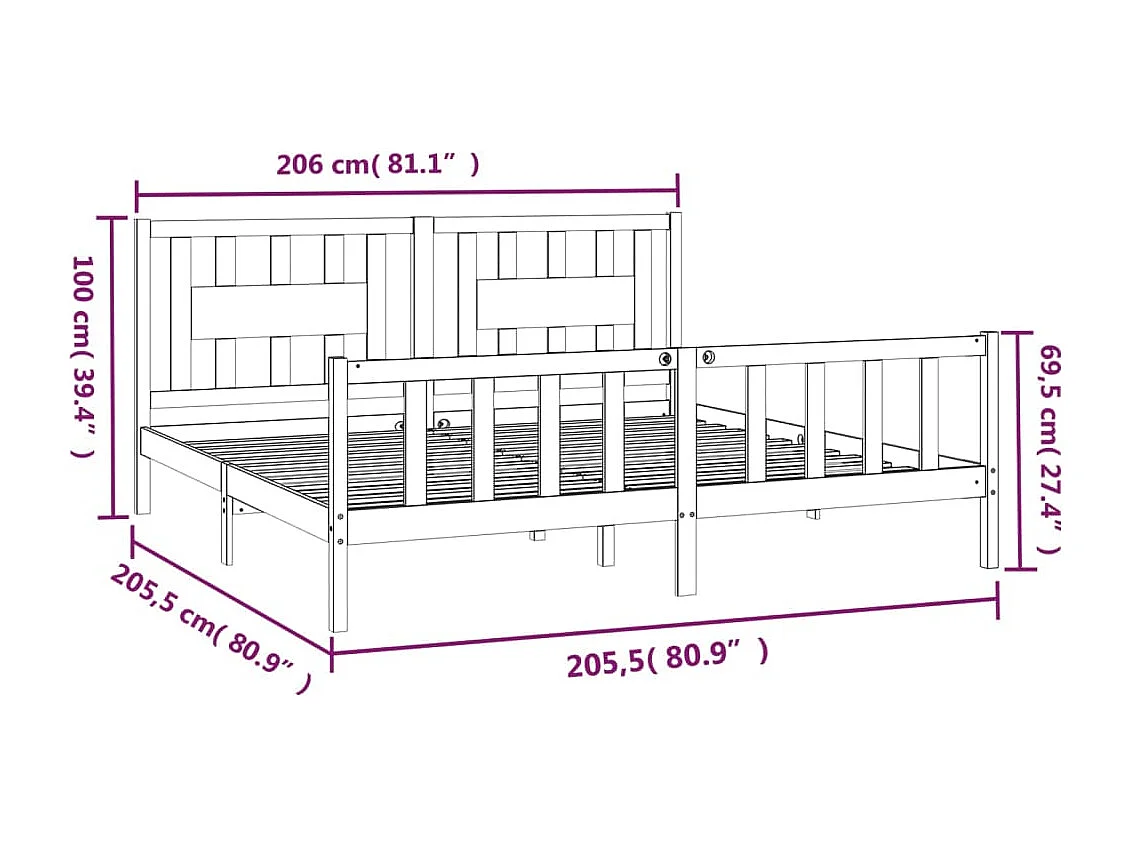 Lit double | Lit adulte | Cadre de lit bois massif de pin 200x200 cm