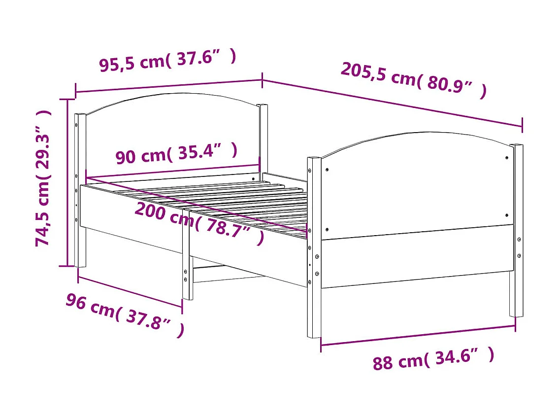 Lit simple | Lit adulte, enfant | Cadre de lit blanc 90x200 cm bois de pin massif
