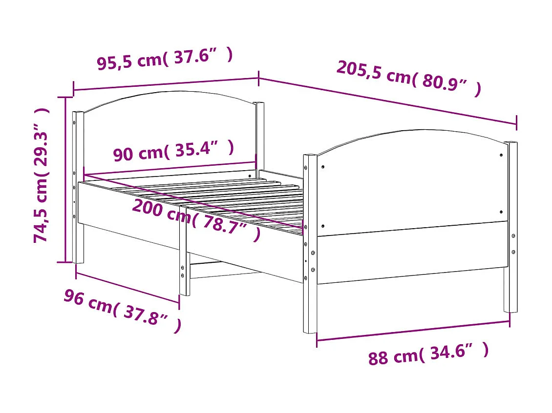 Lit simple | Lit adulte, enfant | Cadre de lit blanc 90x200 cm bois de pin massif