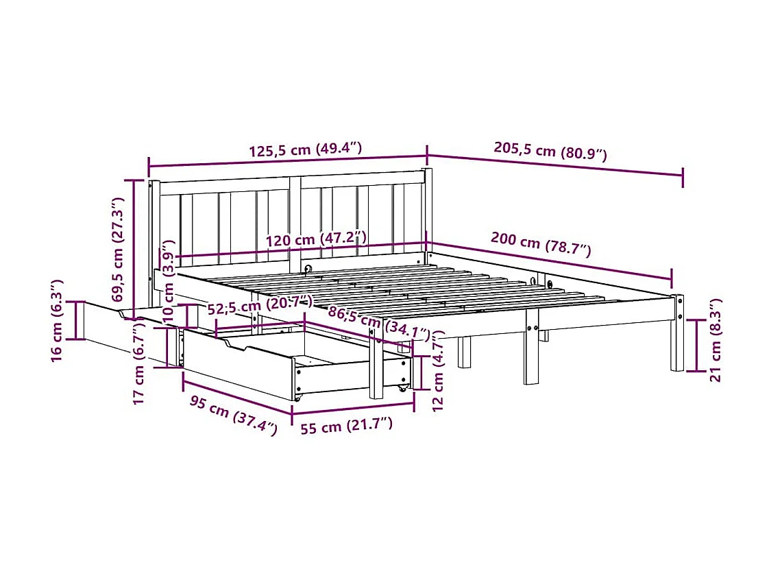 Lit simple | Lit adulte, enfant | Cadre de lit blanc 120x200 cm bois de pin massif