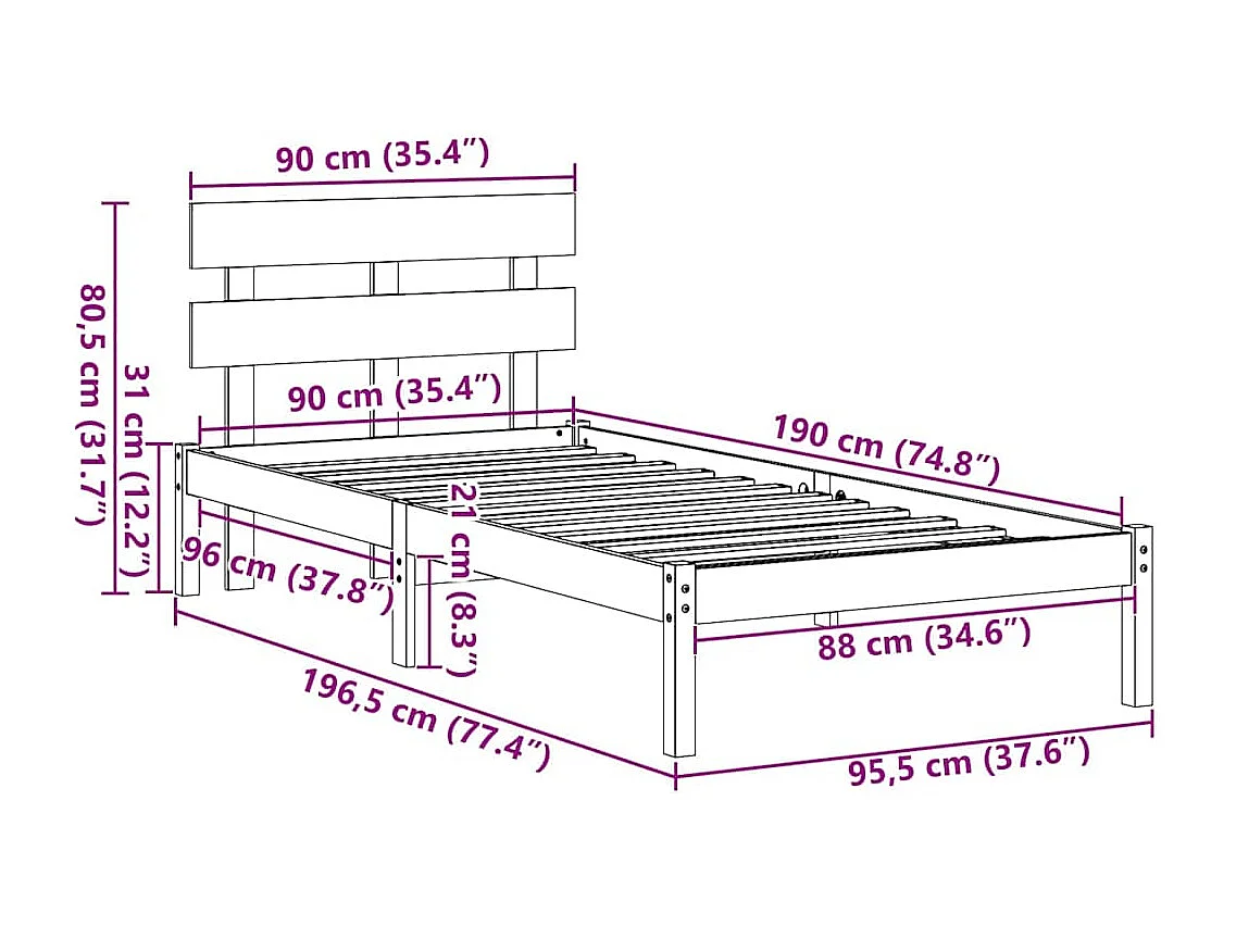 Lit simple | Lit adulte, enfant | Cadre de lit Blanc 90x190 cm Bois de pin massif