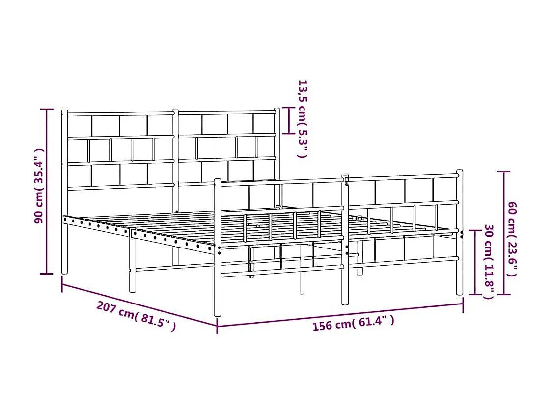 Lit double | Lit adulte | Cadre de lit métal et pied de lit blanc 150x200 cm