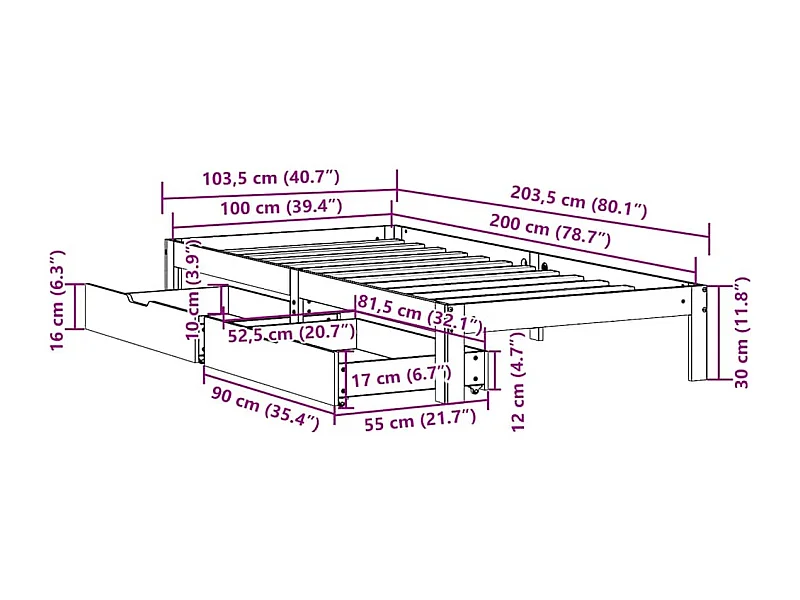 Letto per adulti | Letto singolo | Giroletto con Cassetti Bianco 100x200 cm Legno Massello di Pino
