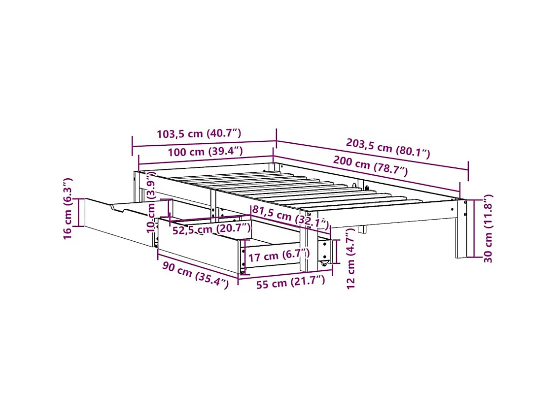 Letto per adulti | Letto singolo | Giroletto con Cassetti Bianco 100x200 cm Legno Massello di Pino
