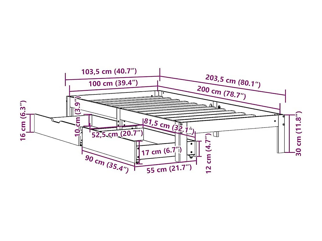 Lit simple | Lit adulte, enfant | Cadre de lit avec tiroirs blanc 100x200 cm