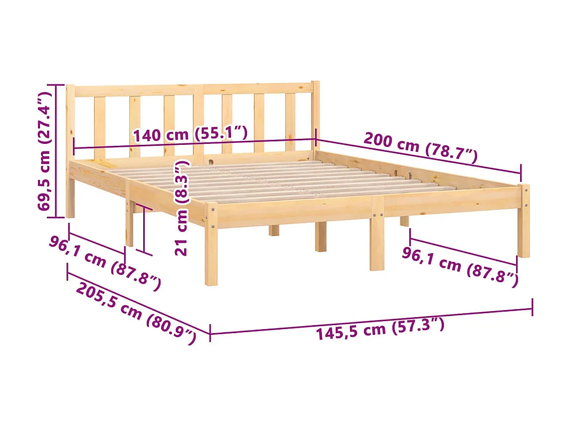 Lit double | Lit adulte | Cadre de lit bois massif 140x200 cm