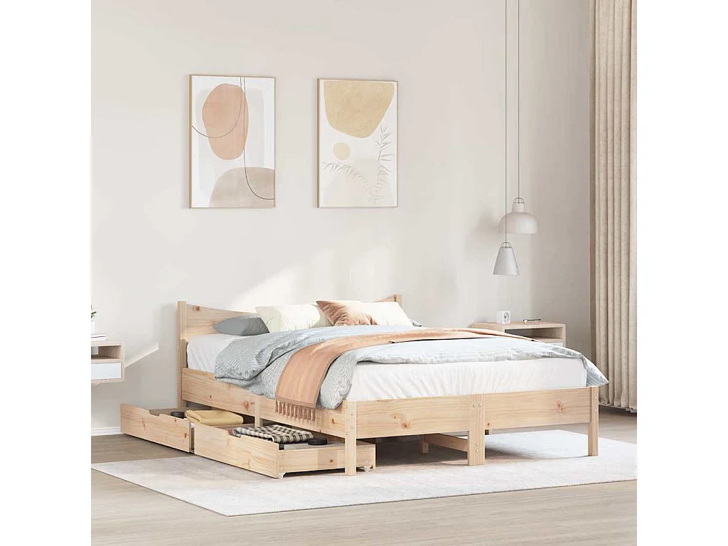 Lit double | Lit adulte | Cadre de lit avec tiroirs 140x190 cm bois de pin massif