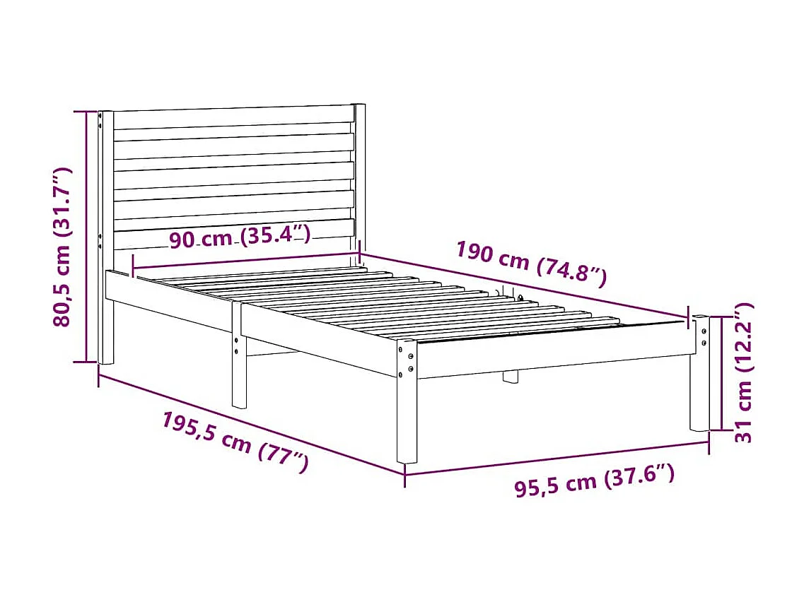 Lit simple | Lit adulte, enfant | Cadre de lit Marron 90x190 cm Bois massif en pin