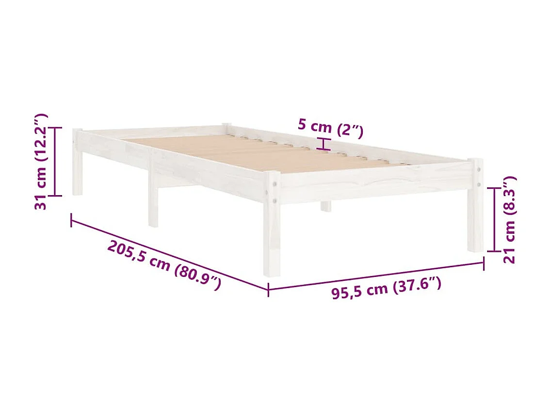 Lit simple | Lit adulte, enfant | Cadre de lit blanc bois massif 90x200 cm