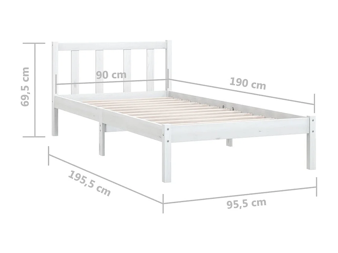 Lit simple | Lit adulte, enfant | Cadre de lit blanc bois massif 90x190 cm