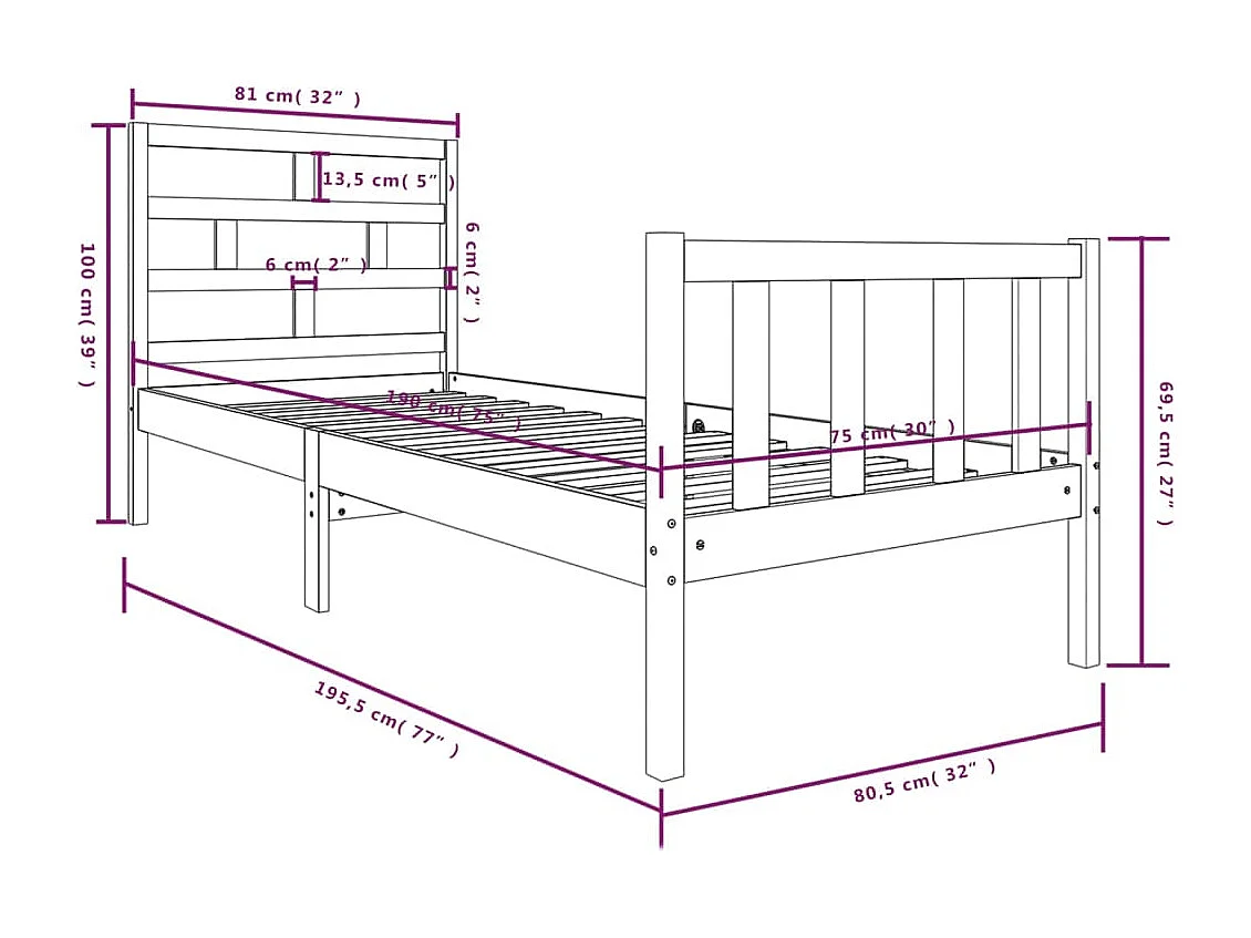 Lit simple | Lit adulte, enfant | Cadre de lit bois de pin massif 75x190 cm