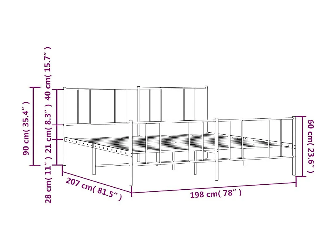 Lit double | Lit adulte | Cadre de lit métal et pied de lit blanc 193x203 cm