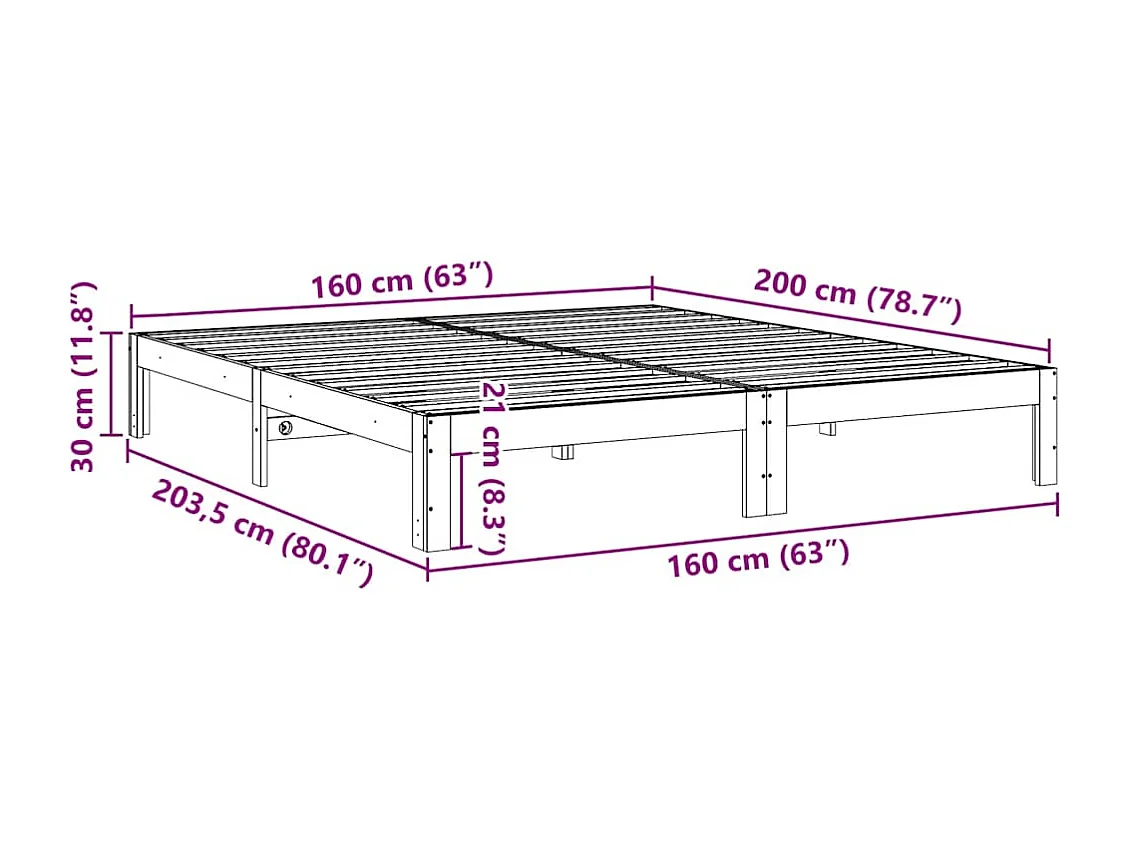 Letto per adulti | Letto matrimoniale | Giroletto senza Materasso 160x200 cm in Legno Massello di Pino