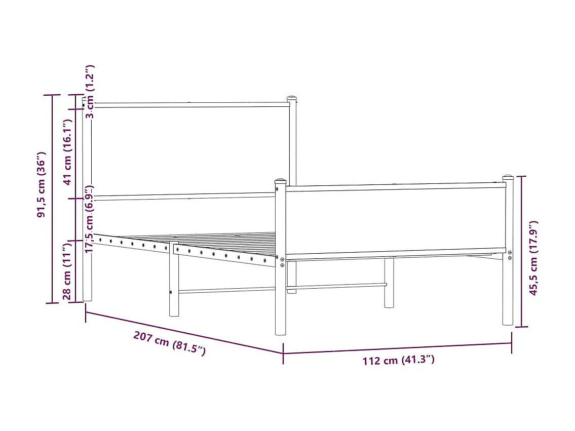 Letto per adulti | Letto singolo | Giroletto senza Materaso in Metallo Rovere Fumo 107x203 cm