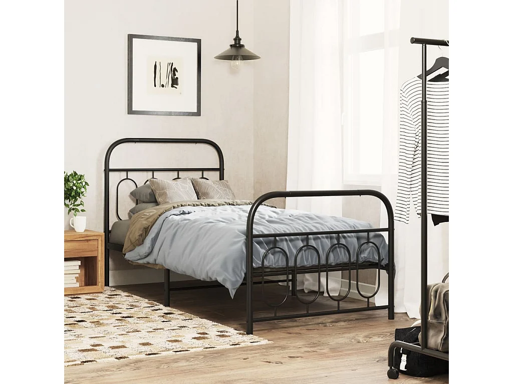 Lit simple | Lit adulte, enfant | Cadre de lit métal avec pied de lit noir 90x190 cm