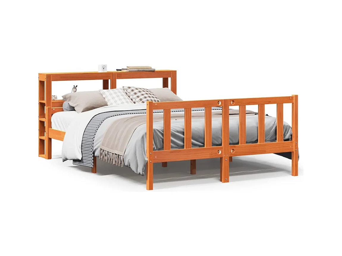 Letto per adulti | Letto matrimoniale | Giroletto con Testiera Marrone Cera 160x200 cm Massello Pino