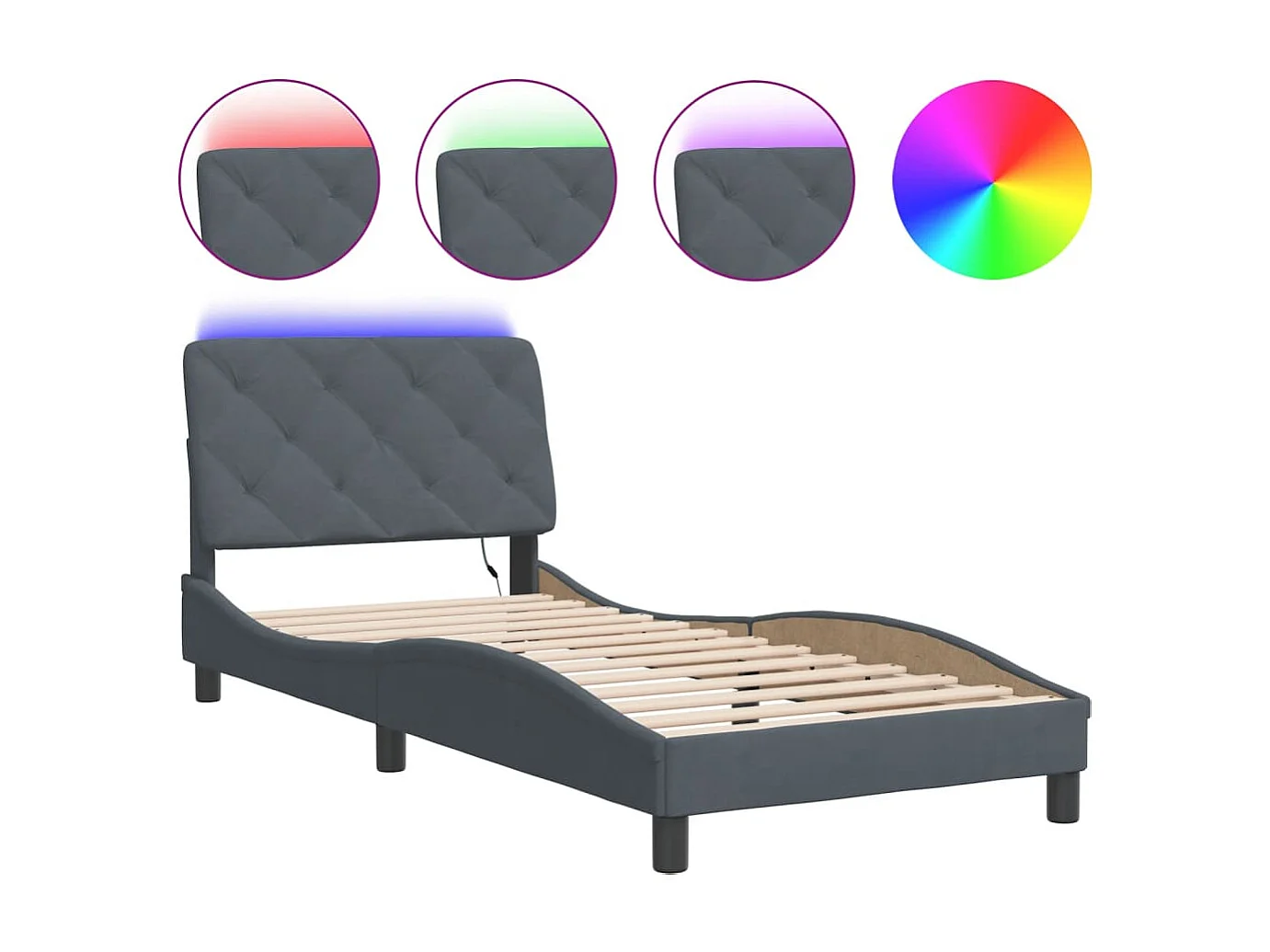 Lit simple | Lit adulte, enfant | Cadre de lit avec LED gris foncé 90x190 cm velours