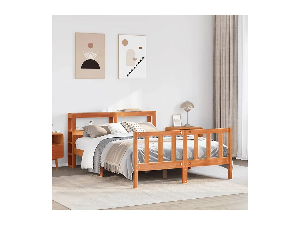 Letto per adulti | Letto matrimoniale | Giroletto con Testiera Marrone Cera 150x200 cm Massello Pino