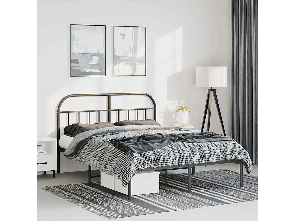Lit double | Lit adulte | Cadre de lit métal avec tête de lit noir 135x190cm