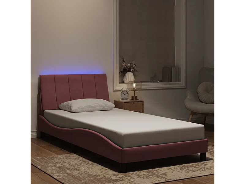 Lit simple | Lit adulte, enfant | Cadre de lit avec lumières LED rose 100x200 cm velours
