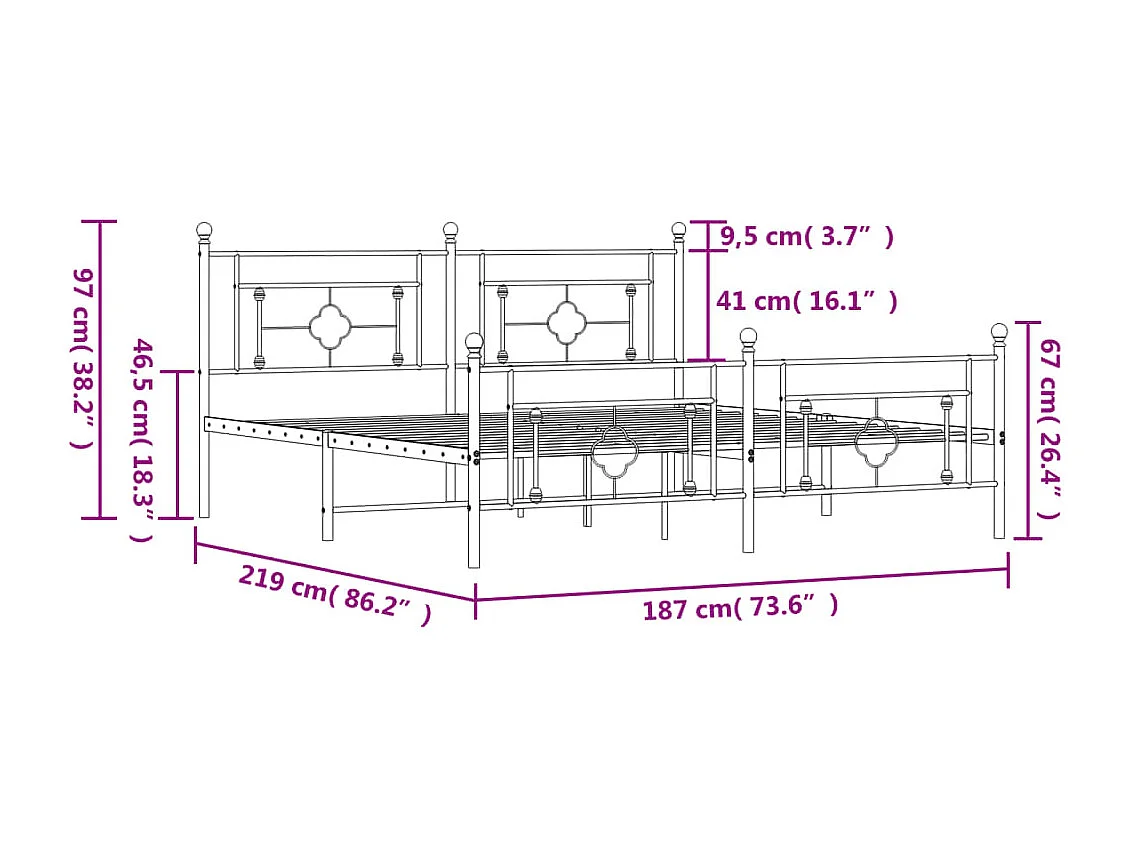 Lit double | Lit adulte | Cadre de lit métal avec pied de lit noir 183x213cm