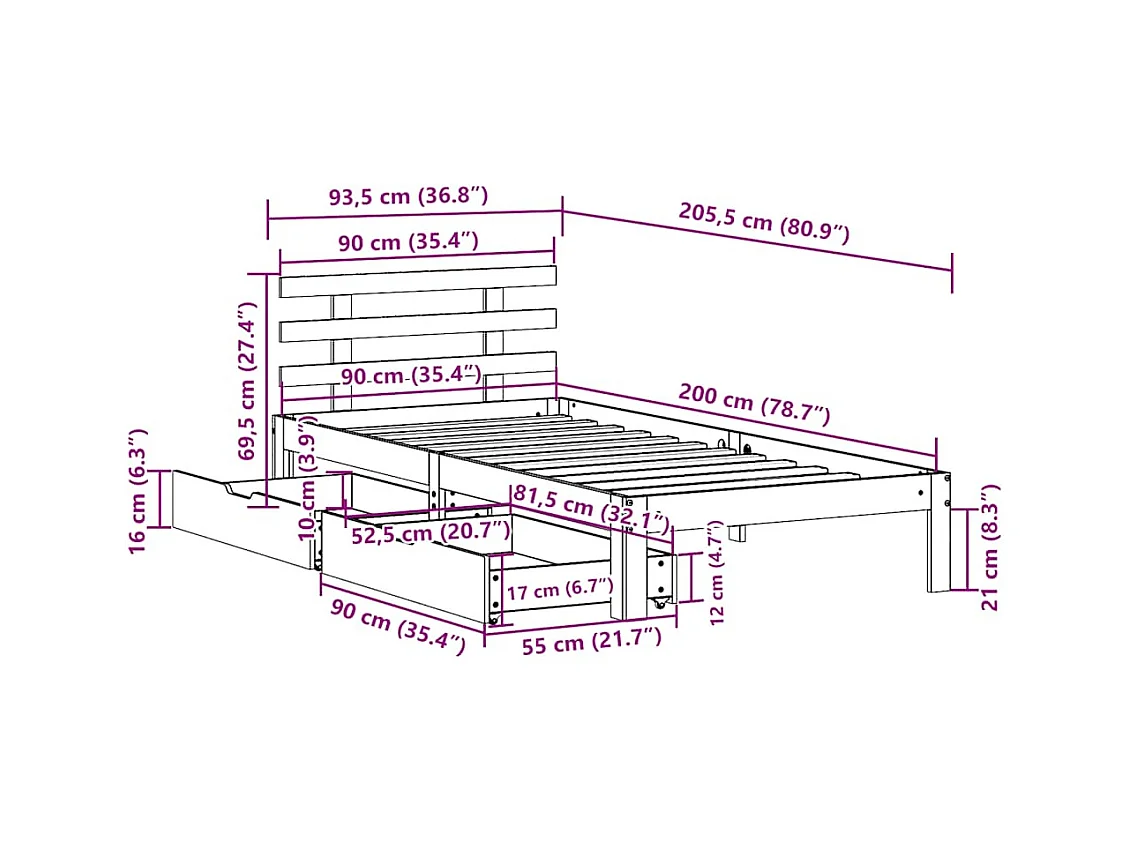 Letto per adulti | Letto singolo | Giroletto con Cassetti Bianco 90x200 cm Legno Massello di Pino