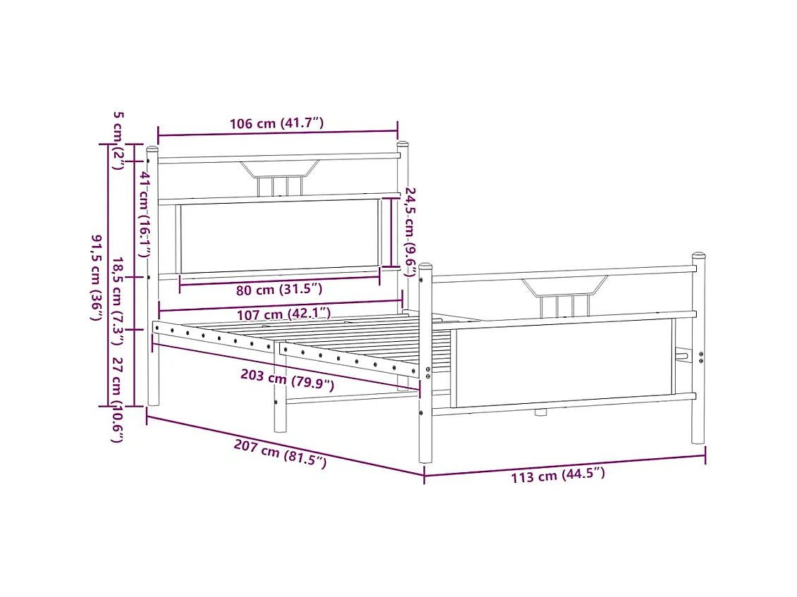 Letto per adulti | Letto singolo | Giroletto senza Materasso Rovere Fumo 107x203 cm in Truciolato