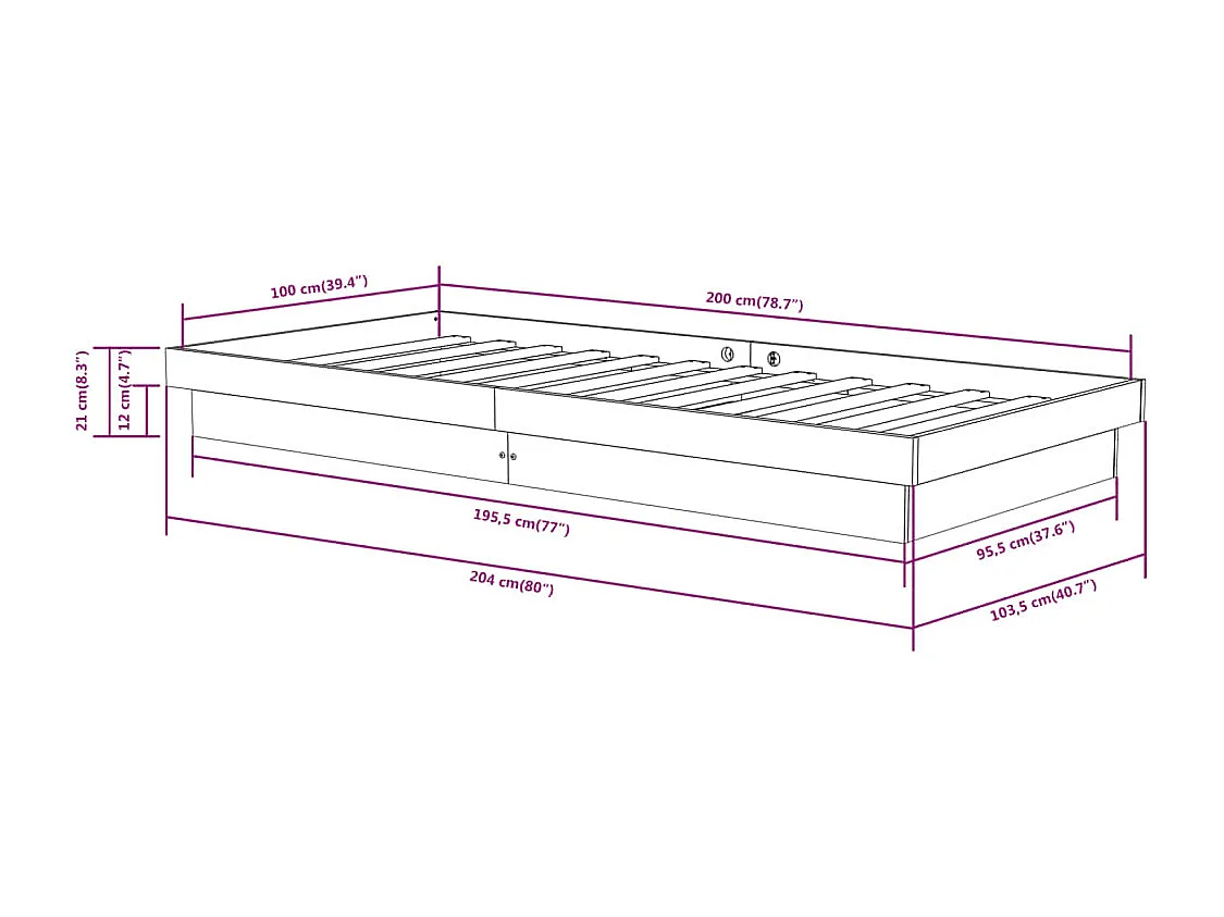 Lit simple | Lit adulte, enfant | Cadre de lit noir bois massif 100x200 cm