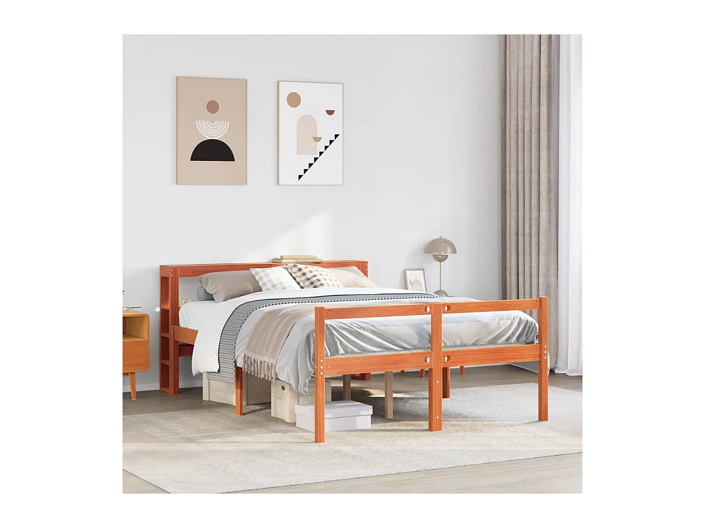 Letto per adulti | Letto matrimoniale | Giroletto con Testiera Marrone Cera 160x200 cm Massello Pino