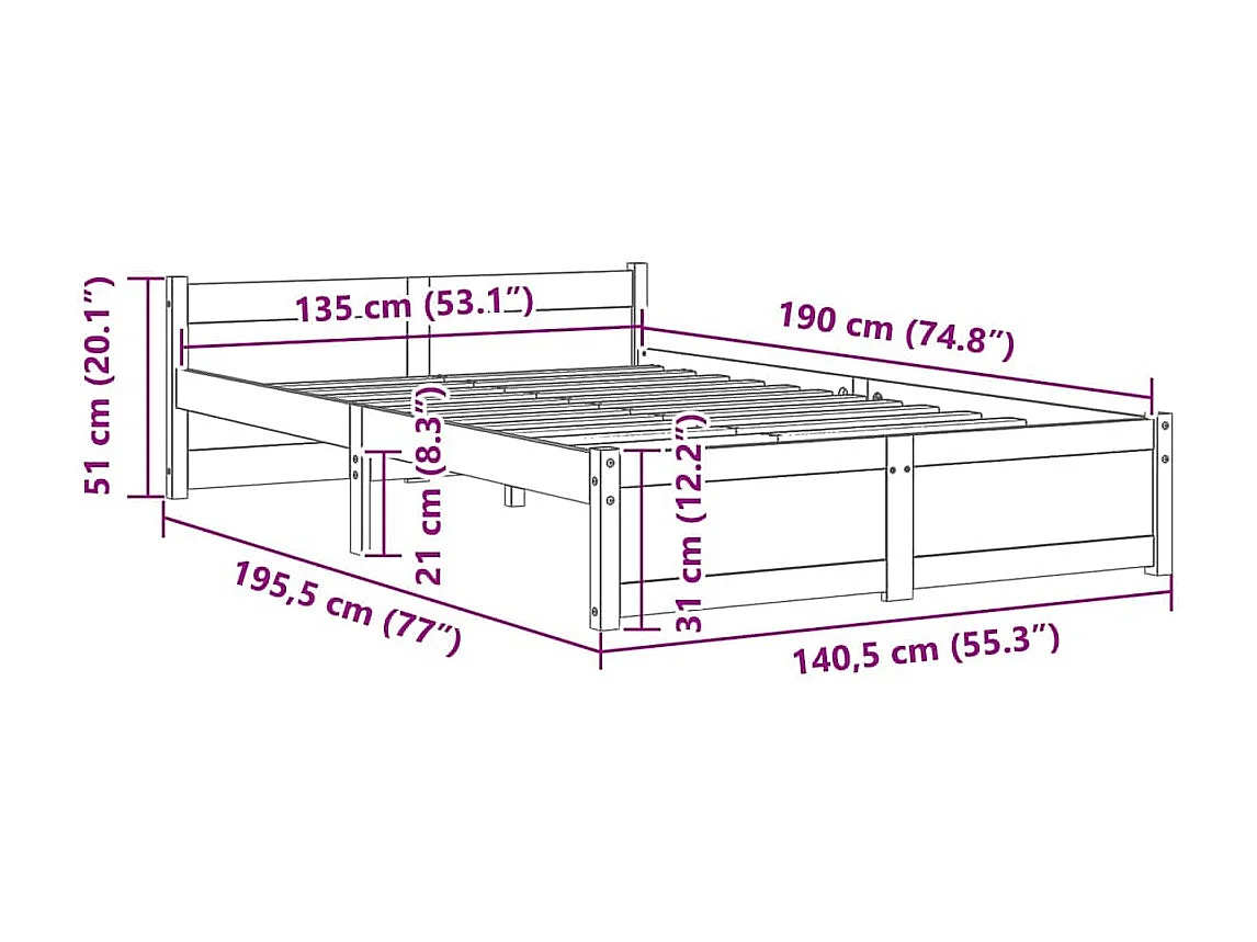 Lit double | Lit adulte | Cadre de lit blanc bois massif 135x190 cm