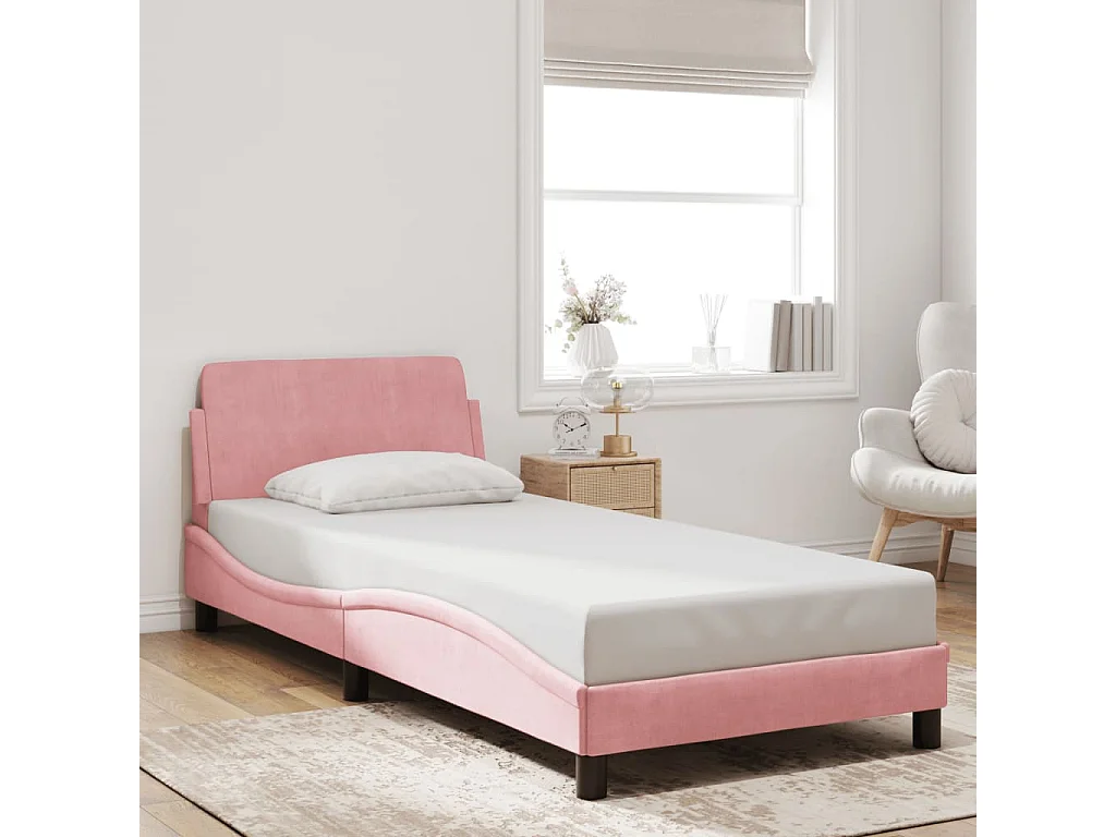 Lit simple | Lit adulte, enfant | Cadre de lit et tête de lit rose 90x200 cm velours