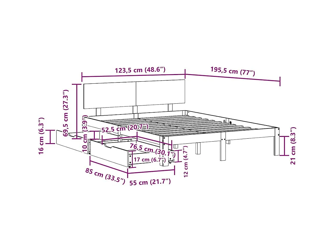 Letto per adulti | Letto singolo | Giroletto con Cassetti 120x190 cm in Legno Massello di Pino
