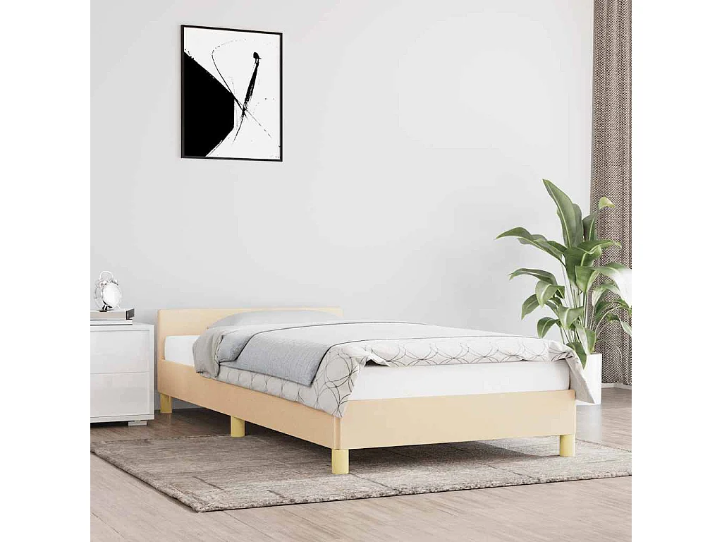 Lit simple | Lit adulte, enfant | Cadre de lit avec tête de lit crème 90x200cm tissu