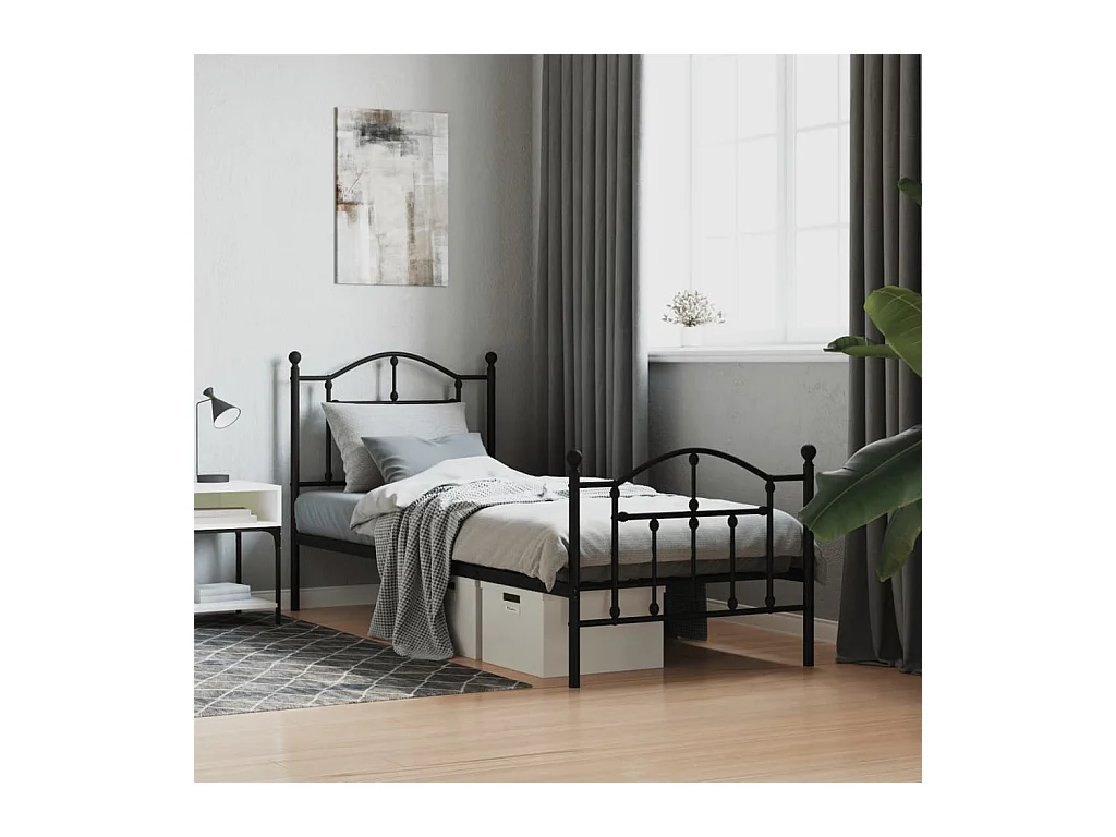 Lit simple | Lit adulte, enfant | Cadre de lit métal avec pied de lit noir 90x190 cm