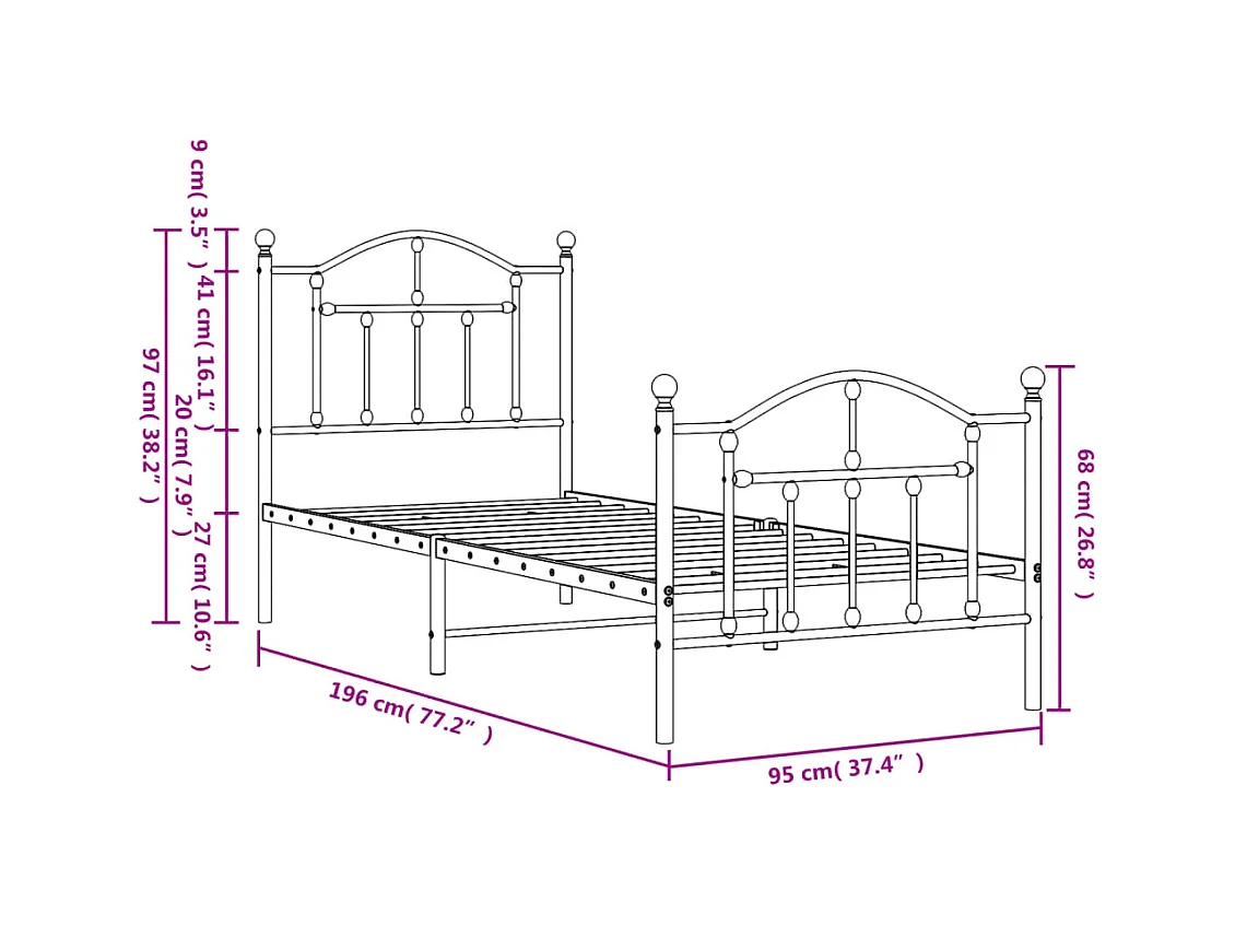 Lit simple | Lit adulte, enfant | Cadre de lit métal avec pied de lit noir 90x190 cm