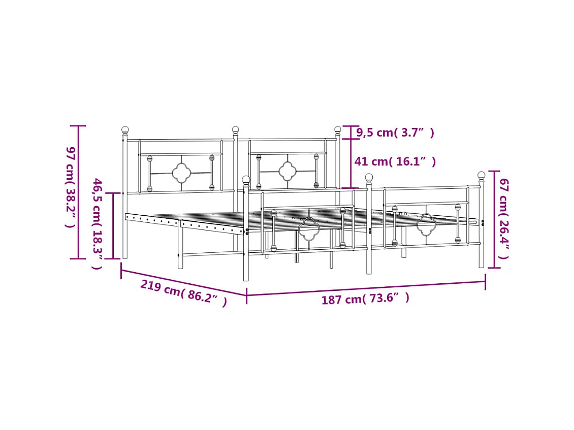Lit double | Lit adulte | Cadre de lit métal et pied de lit blanc 183x213 cm