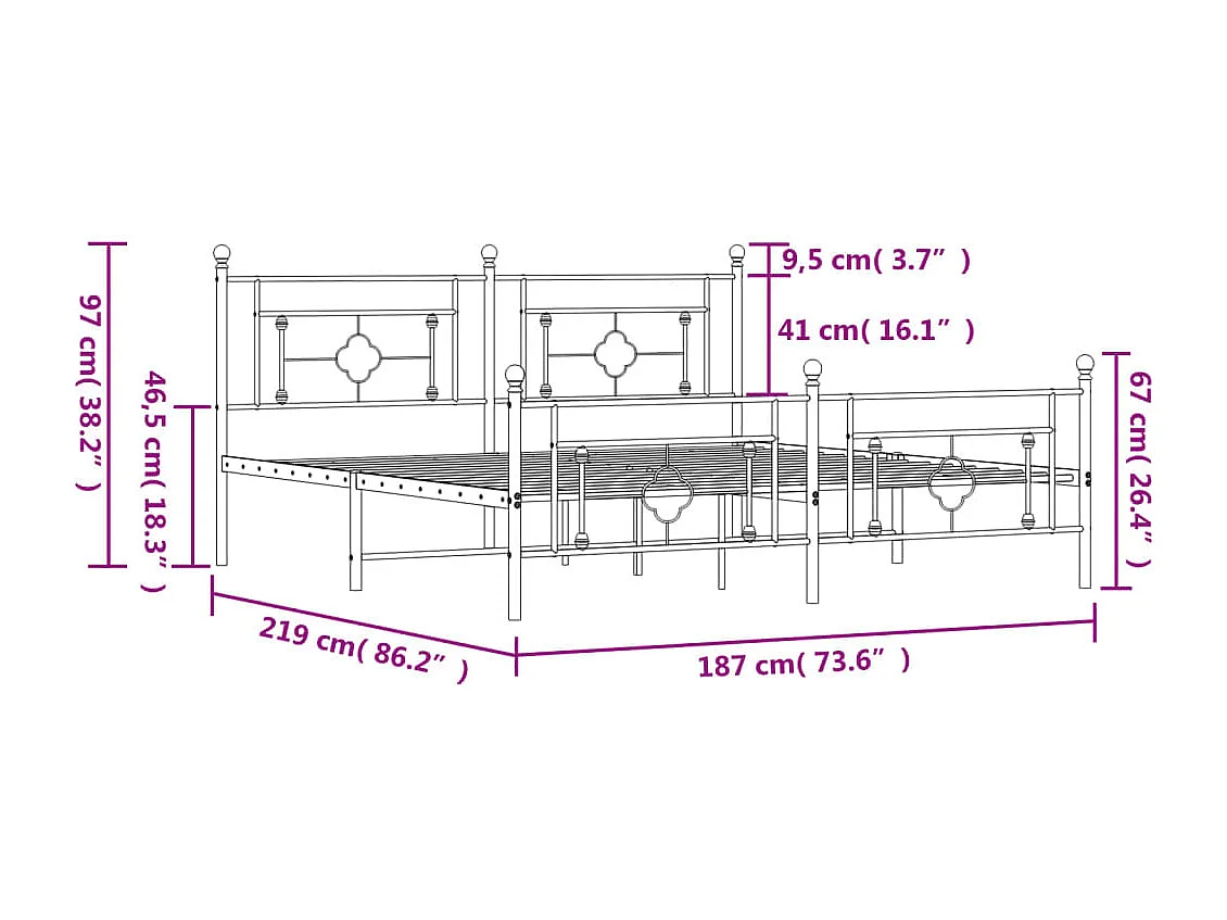 Lit double | Lit adulte | Cadre de lit métal et pied de lit blanc 183x213 cm