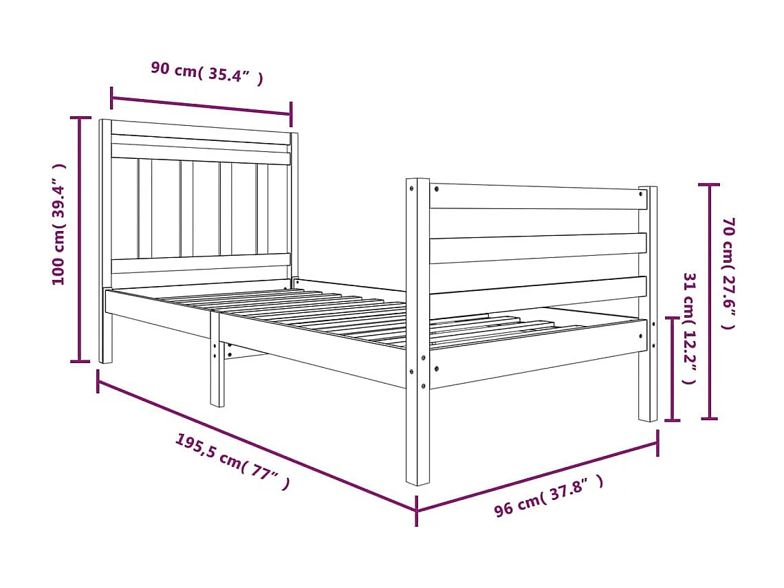 Lit simple | Lit adulte, enfant | Cadre de lit blanc bois massif 90x190 cm