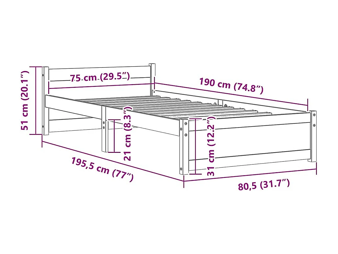 Lit simple | Lit adulte, enfant | Cadre de lit bois massif 75x190 cm