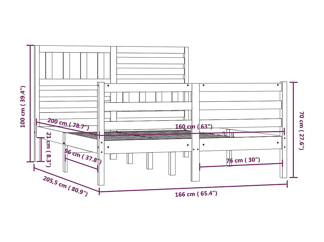 Lit double | Lit adulte | Cadre de lit blanc bois massif 160x200 cm