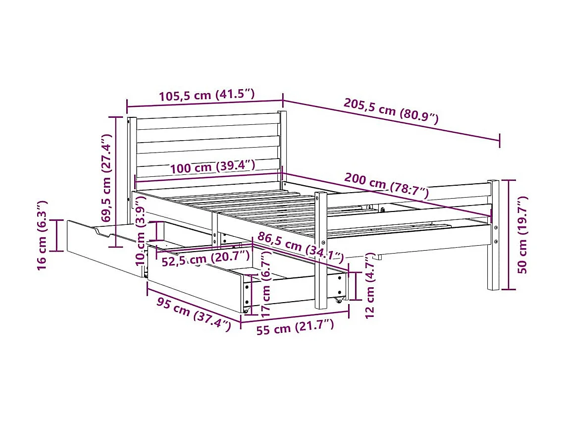 Lit simple | Lit adulte, enfant | Cadre de lit 100x200 cm bois massif de pin