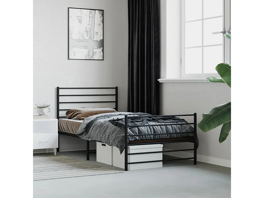 Lit simple | Lit adulte, enfant | Cadre de lit métal avec pied de lit noir 90x200 cm