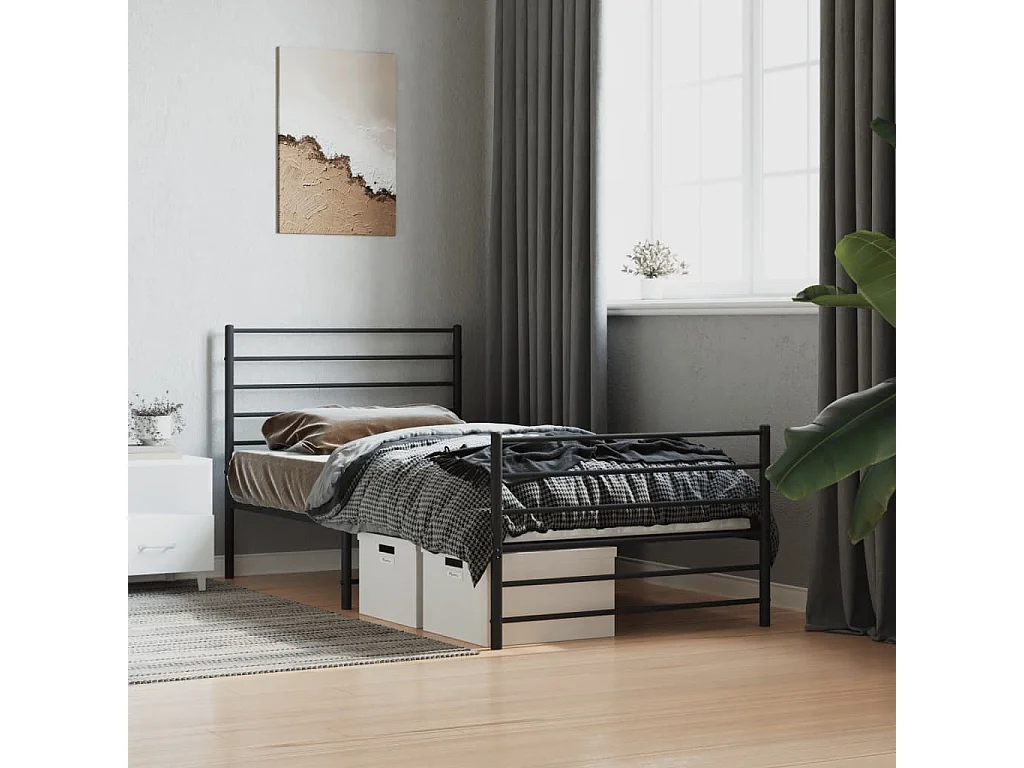 Lit simple | Lit adulte, enfant | Cadre de lit métal avec pied de lit noir 90x200 cm