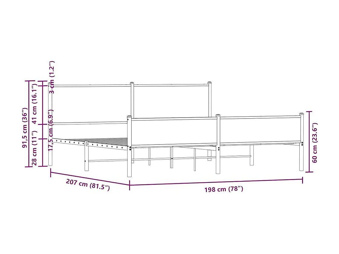 Lit double | Lit adulte | Cadre de lit en métal chêne marron 193x203 cm