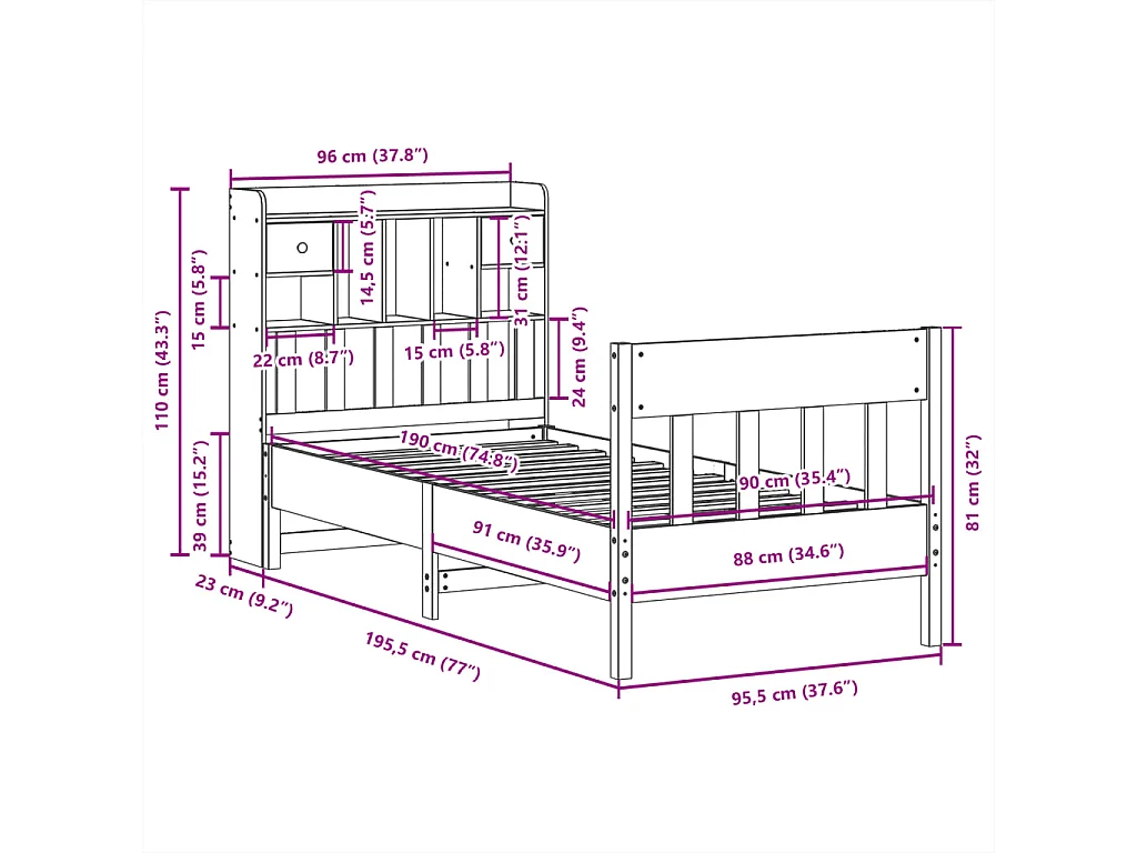 Lit simple | Lit adulte, enfant | Cadre de lit blanc 90x190 cm bois de pin massif