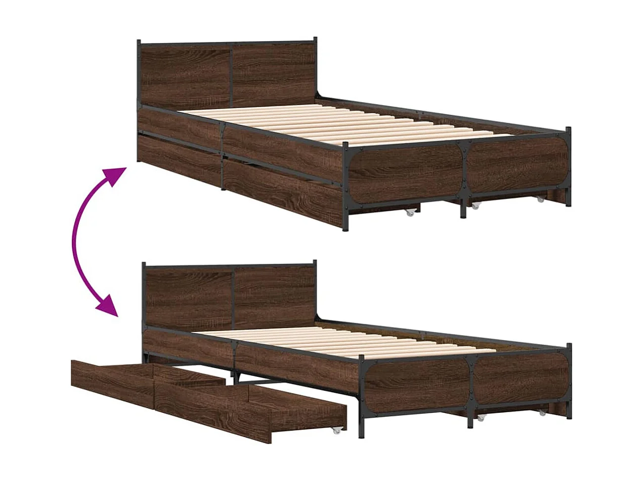 Lit simple | Lit adulte, enfant | Cadre de lit avec tiroirs chêne marron 75x190 cm