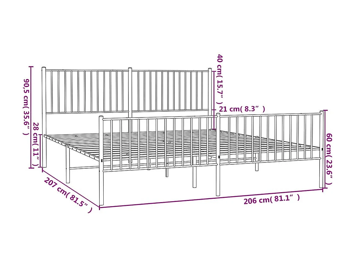 Lit double | Lit adulte | Cadre de lit métal et pied de lit blanc 200x200 cm