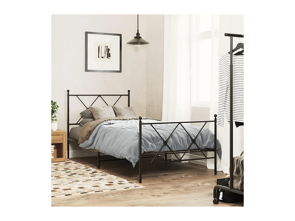 Lit simple | Lit adulte, enfant | Cadre de lit métal avec pied de lit noir 90x190 cm