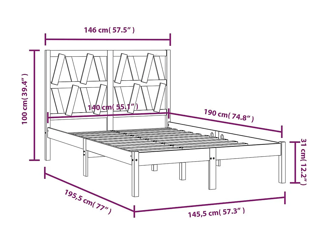 Lit double | Lit adulte | Cadre de lit Bois de pin massif 140x190 cm