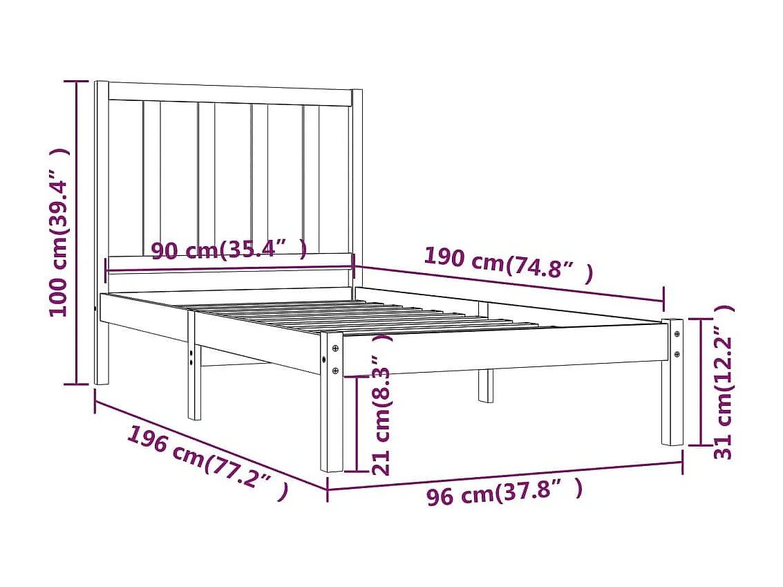 Lit simple | Lit adulte, enfant | Cadre de lit bois de pin massif 90x190 cm